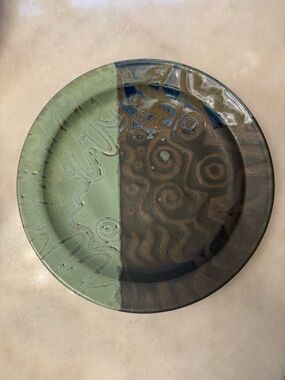 20th Century Studio Art Pottery Plate with Green and Brown Glazes